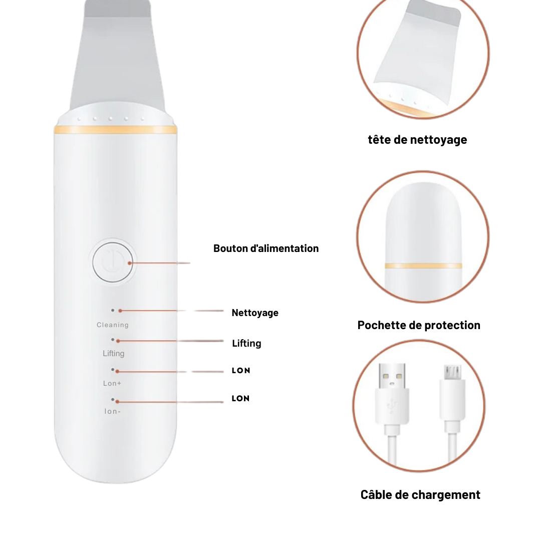 CARER SPARK Épurateur de Peau Ultrasonique - Spatule Visage à Ultrasons EMS Ions Lumière Rouge et Bleue, 4 Modes pour Nettoyage en Profondeur Élimination des Points Noirs Exfoliation Douce