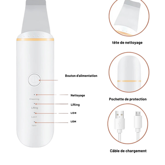 CARER SPARK Épurateur de Peau Ultrasonique - Spatule Visage à Ultrasons EMS Ions Lumière Rouge et Bleue, 4 Modes pour Nettoyage en Profondeur Élimination des Points Noirs Exfoliation Douce